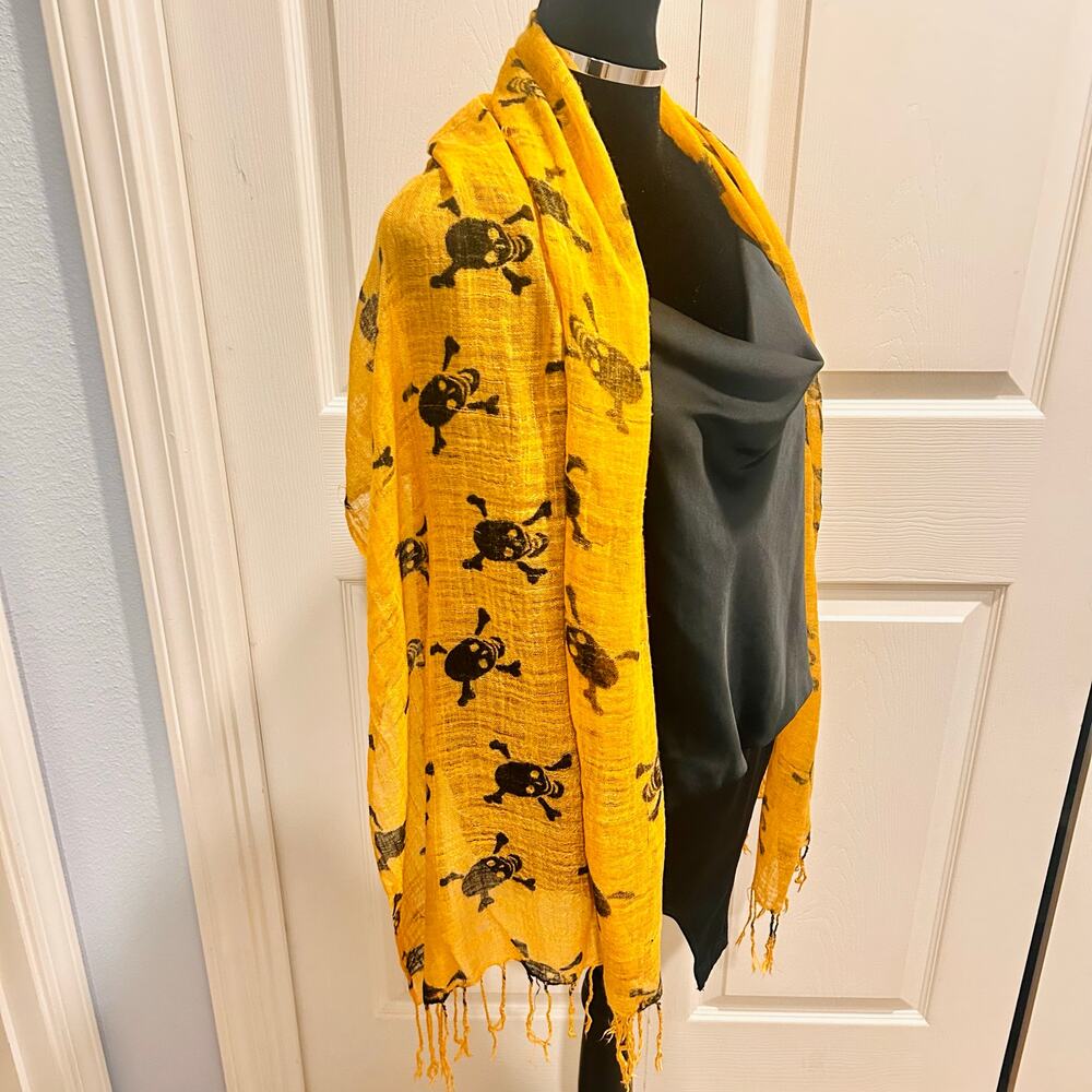 Liss Kiss Crossbones Print Scarf Mustard Yellow Large Lightweight Fringe - Picture 6 of 12